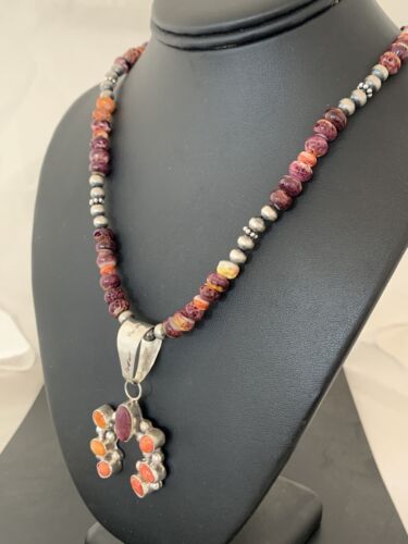 Navajo Purple Spiny Oyster Necklace Naja Pendant Set | Sterling Silver | Authentic Native American Handmade | 244