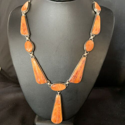 Navajo Lariat Necklace with Orange Spiny Oyster Pendant | Sterling Silver | 20" | Authentic Native American Jewelry | 13883