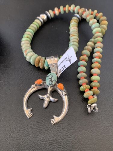 Navajo Pearl Necklace with Sterling Silver Green Turquoise & Spiny Oyster Naja Pendant | 11700