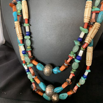 Native American Santo Domingo Spiny Blue Turquoise Necklace | 3-Strand Shell | 10397 - Masha USA
