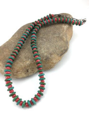 Native American Men's Turquoise & Coral Bead Necklace | Navajo Sterling Silver | 22" | 3712