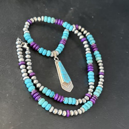 Navajo Blue Turquoise Sugilite Pendant | Sterling Silver Inlay Necklace | Authentic Native American Handmade | 14641