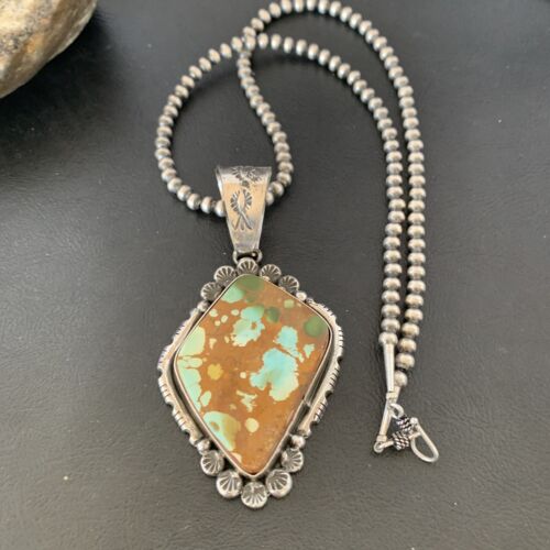 Navajo Royston Turquoise Pendant Men's Necklace | Sterling Silver | Native American Handmade | 10428