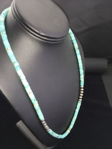 Navajo Blue Turquoise Heishi Bead Necklace | Sterling Silver | Authentic Native American Handmade | 20" | 1815