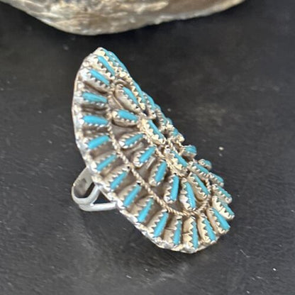Zuni Blue Turquoise Cluster Ring | Authentic Native American Sterling Silver | Multi-Stone Needle Point | Sz 10 | 14566