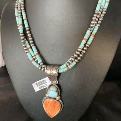 Navajo Dry Creek Turquoise Pendant | Sterling Silver Spiny Necklace | 2.5" | Multi-Strand | 13580 - Masha USA