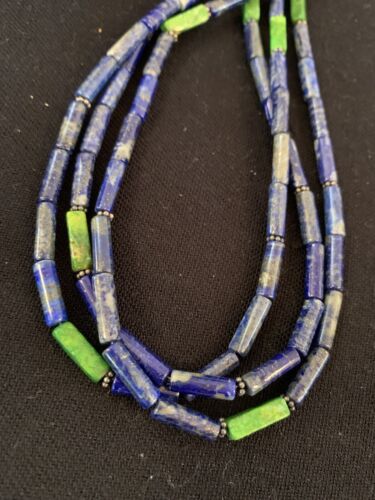 Men's Navajo Lapis Green Turquoise Necklace | 3 Strands Sterling Silver | 21" | Authentic Native American Handmade | 620