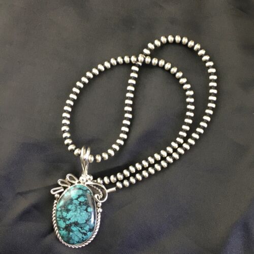 Navajo Pearls Sterling Silver Pendant with Blue Spiderweb Turquoise | 2.5" | Authentic Native American Handmade | 10164