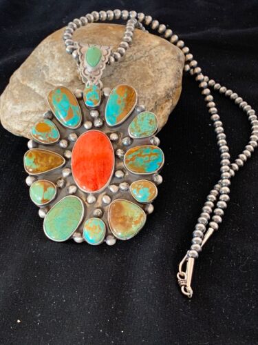 Navajo Royston Turquoise Spiny Oyster Multi-Stone Cluster Necklace | Authentic Native American Sterling Silver XL Pendant | 3237