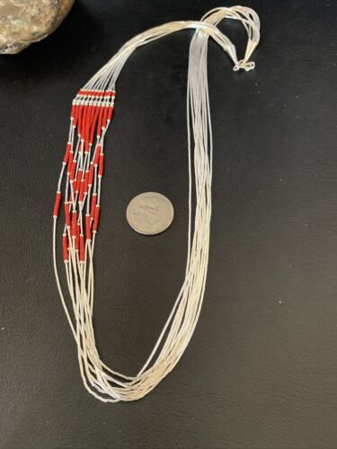 Red Coral Heishi Necklace | 10 Strand Liquid Silver | Sterling Silver Tubes | 26" | 13060
