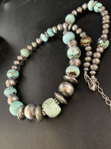 Dry Creek Turquoise Navajo Pearls Beaded Necklace | Sterling Silver | 21" | Authentic Native American Handmade | 14102 - Masha USA