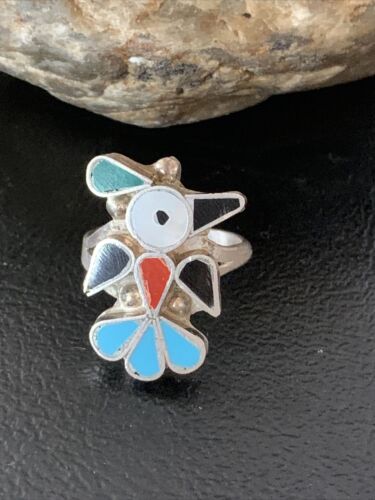 Zuni Peyote Bird Ring | Sterling Silver Coral Turquoise Onyx Mother of Pearl Inlay | Sz 5.5 | 10789