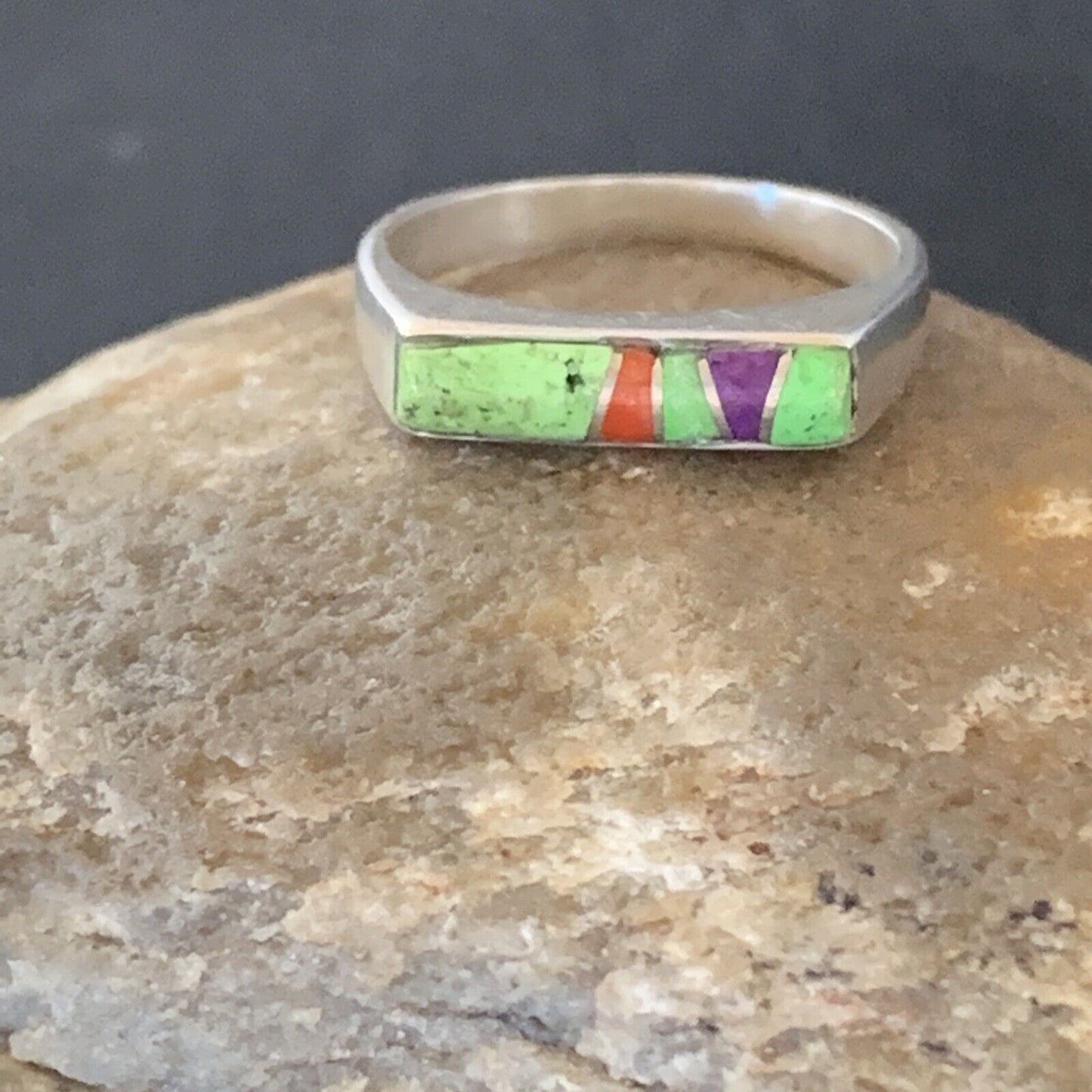 Navajo Green Gaspeite Sugilite Red Coral Inlay Ring | Sz 7 | Authentic Native American Handmade | 02250