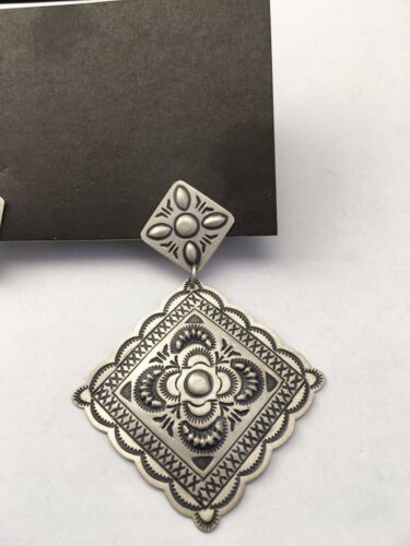 Handmade Sterling Silver Stamped Earrings | Navajo | Authentic Native American Jewelry | 2.75" | 01725 - Masha USA