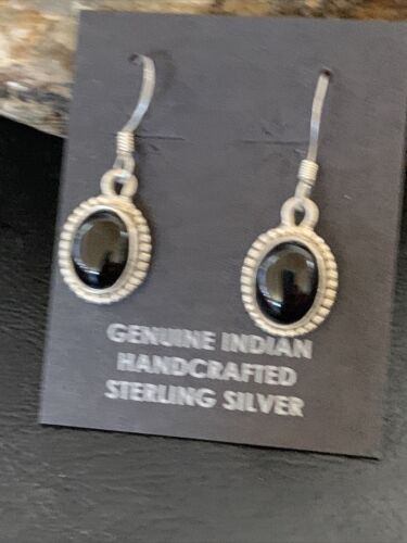 Native American Navajo Black Onyx Drop Earrings | Sterling Silver Dangle | 0.5" | 12647