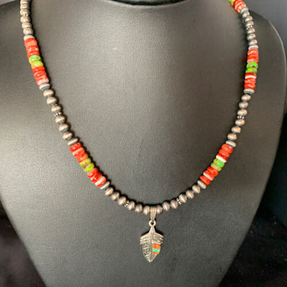 Navajo Red Spiny Oyster & Green Turquoise Pendant Necklace | Sterling Silver | Authentic Native American Handmade | 13619