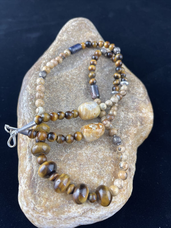Women's Graduated Tigers Eye & Picture Jasper Necklace | Sterling Silver | Authentic Native American | 24" | 10075