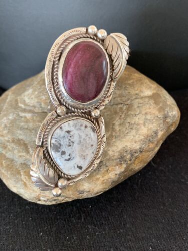 Navajo White Buffalo Turquoise & Spiny Oyster Multi-Stone Ring | Authentic Native American Sterling Silver | Sz 9 | 307