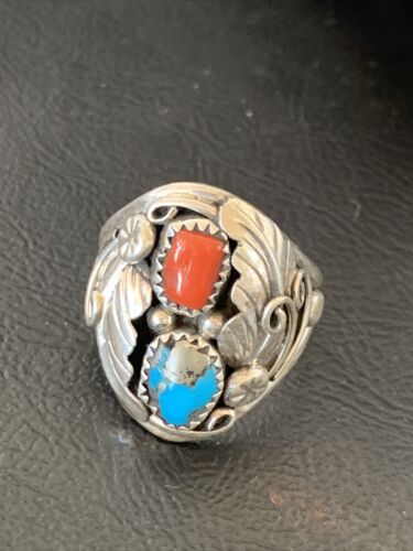 Navajo Feather Ring with Blue Kingman Turquoise, Coral, and Multi-Stone | Authentic Native American Sterling Silver | Sz 11 | 12216