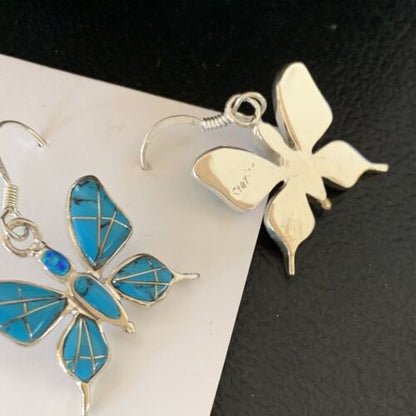 Navajo Blue Turquoise Inlay Butterfly Earrings | Sterling Silver | 0.5" | 12013 - Masha USA