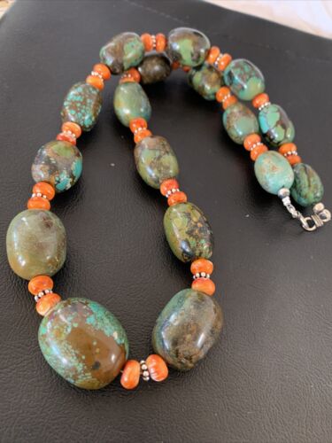 Navajo Green Turquoise & Orange Spiny Oyster Necklace | Sterling Silver | 23" | Authentic Native American Handmade | 1847
