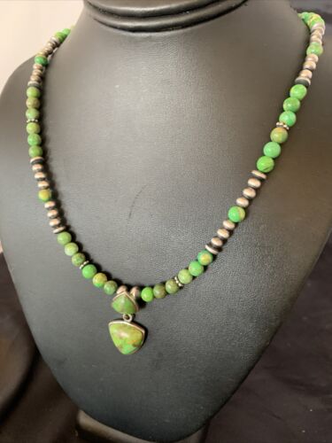 Navajo Green Gaspeite Turquoise Pendant | Sterling Silver | Authentic Native American Handmade | 12343