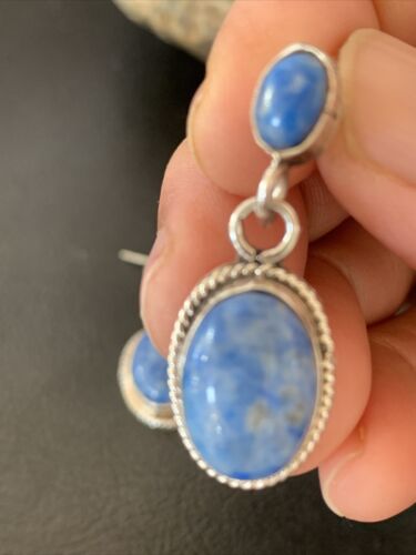 Navajo Denim Lapis Dangle Earrings | Sterling Silver | 1.1" | Authentic Native American Handmade | 1701