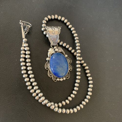 Men's Navajo Pearls Necklace with Denim Lapis Pendant | Sterling Silver | Authentic Native American Handmade | 12433