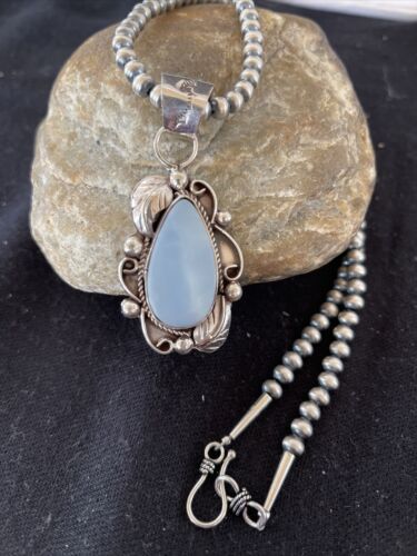 Native American Men's Necklace | Navajo Sterling Silver Beads with Blue Larimar Pendant | 01364