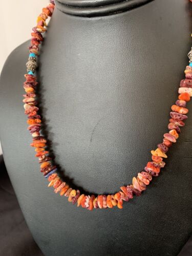 Navajo Spiny Oyster & Turquoise Necklace | Sterling Silver | 16" | Authentic Native American Handmade | 10693