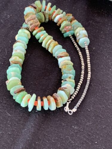 Navajo Green Chrysoprase Spiny Oyster Necklace | Sterling Silver | Authentic Native American Handmade | 24" | 00512