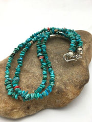 Navajo Blue Turquoise Nugget Bead Necklace | 2 Strand | Sterling Silver | 17" | Authentic Native American Handmade | 4490
