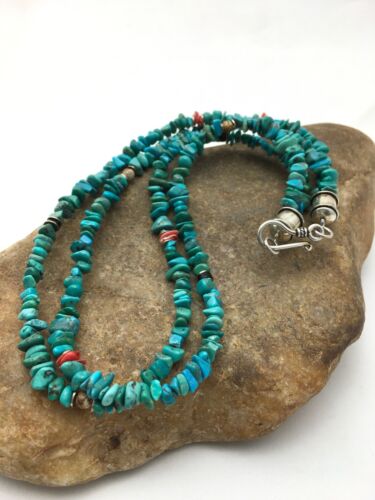 Blue Turquoise Nugget Bead 2 Strand Navajo Sterling Silver Necklace 17” 4490