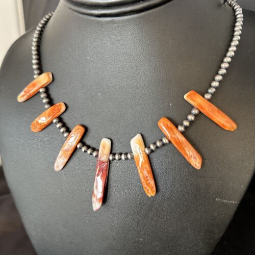 Navajo Spiny Oyster Stick Bead Necklace | Sterling Silver | 20" | Authentic Native American Handmade | 14329