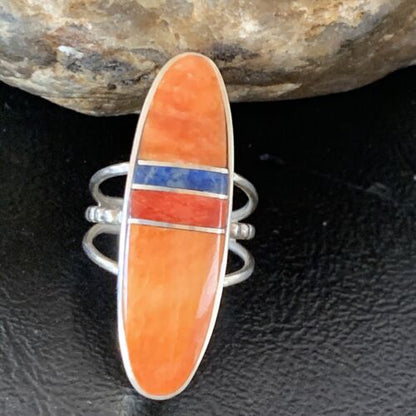 Navajo Red Spiny Oyster Lapis Inlay Ring | Sterling Silver | Sz 5 | Authentic Native American Handmade | 11584