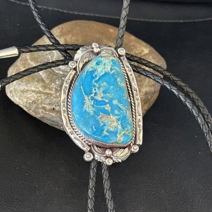 Navajo Blue Kingman Turquoise Bolo Tie | Sterling Silver | Authentic Native American Handmade | 14253
