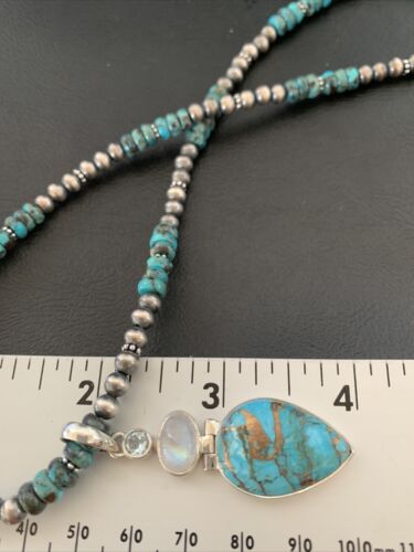 Navajo Pearls Necklace with Blue Mojave Turquoise Moon Pendant | Authentic Native American Sterling Silver | Multi-Stone | 11912