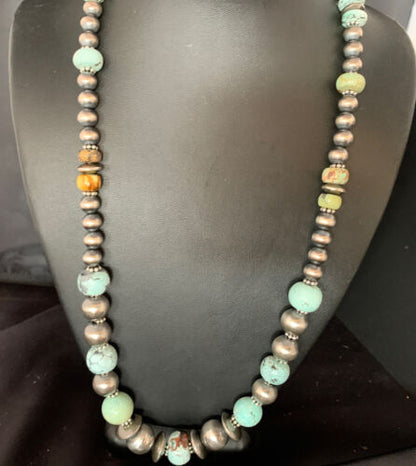 Dry Creek Turquoise Navajo Pearls Beaded Necklace | Sterling Silver | 25" | Authentic Native American Handmade | 14103 - Masha USA