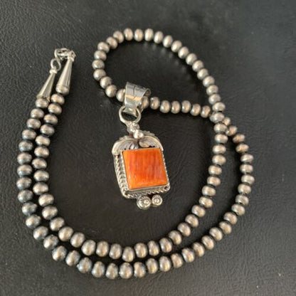 Navajo Orange Spiny Oyster Square Pendant Necklace | Sterling Silver | Authentic Native American Handmade | 13642