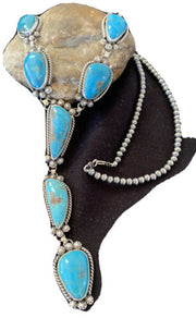 Navajo Kingman Turquoise Pendant Lariat Necklace | Sterling Silver Navajo Pearls | 1188