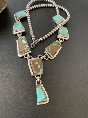 Navajo Handmade Turquoise Lariat Necklace | Long Sterling Silver Pendant | 02039
