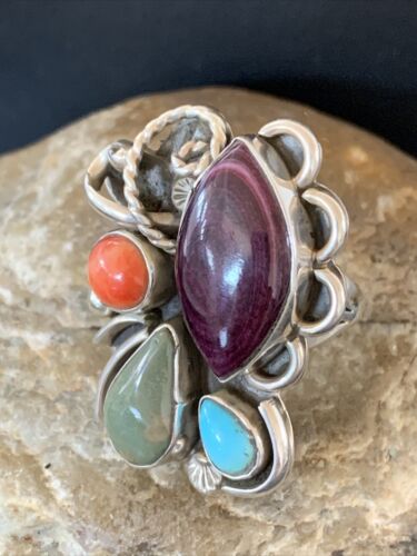 Navajo Sterling Silver Ring | Blue Turquoise & Spiny Oyster | Sz 11 | Native American Handmade | 02127