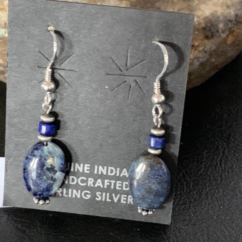 Native Navajo Sterling Silver Lapis Lazuli Bead Dangle Earrings 1” 13329