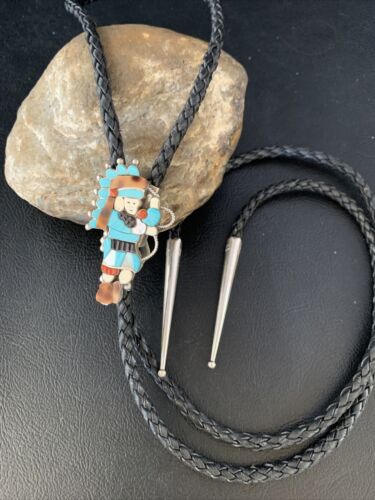 Men's Bolo Tie | Zuni Kachina | Blue Kingman Turquoise & Coral | Sterling Silver | 13672