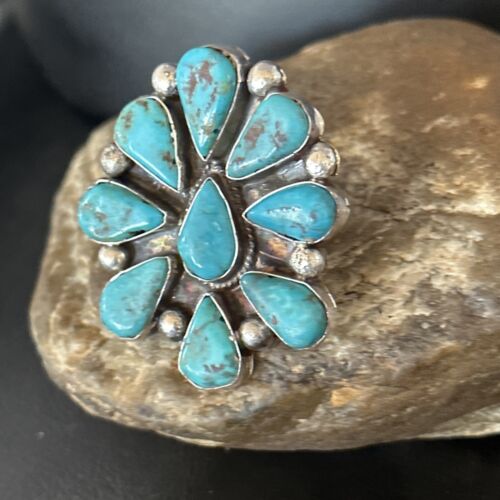 Navajo Blue Turquoise Cluster Ring | Authentic Native American Sterling Silver | Multi-Stone | Sz 7.5 | 14746