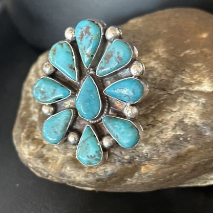 Navajo Blue Turquoise Cluster Ring | Authentic Native American Sterling Silver | Multi-Stone | Sz 7.5 | 14746