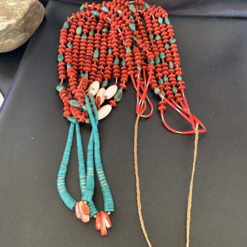 Southwestern Santo Domingo Red Coral Green Turquoise 5-Strand Jacla Necklace | 38" | Native American Handmade | 12052