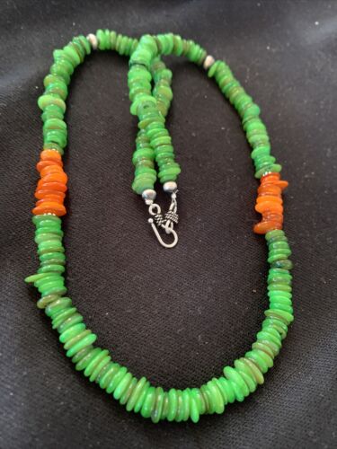 Navajo Pearls Necklace | Orange Green Mother of Pearls | Sterling Silver | Authentic Native American Handmade | 20" | 1053