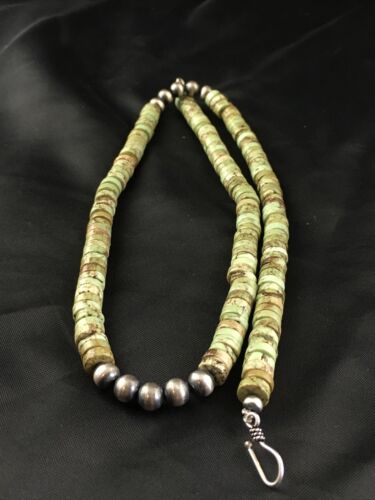 Navajo Men's Green Turquoise Heishi Necklace | Sterling Silver | 8mm | 22" | Authentic Native American Handmade | 10137