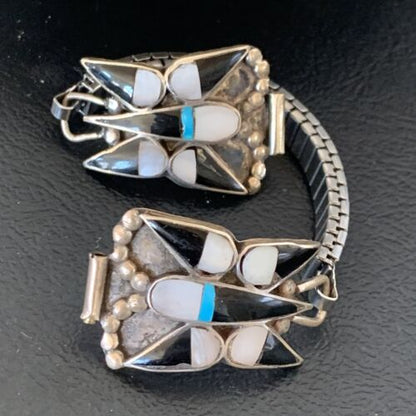 Navajo Sterling Silver Watch Tips | Old Pawn Turquoise Onyx Mother of Pearl Inlay | Authentic Native American Jewelry | 11929 - Masha USA